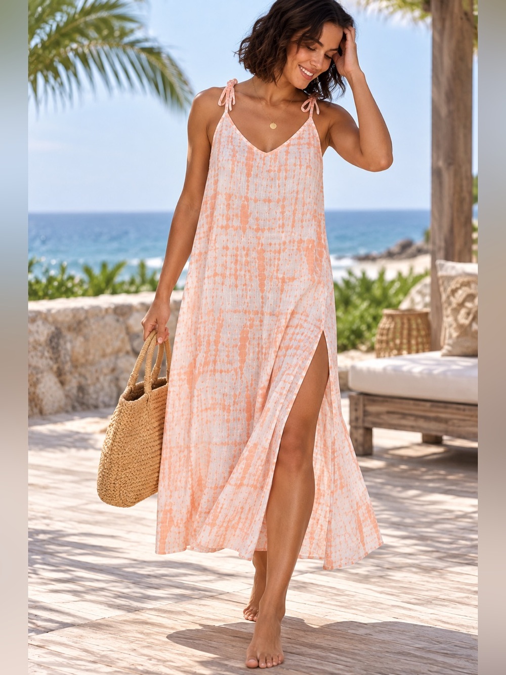 Roxy Coco Beachy Vibe Tie Dye Midi Cover Up Dress Small NWT Orange White